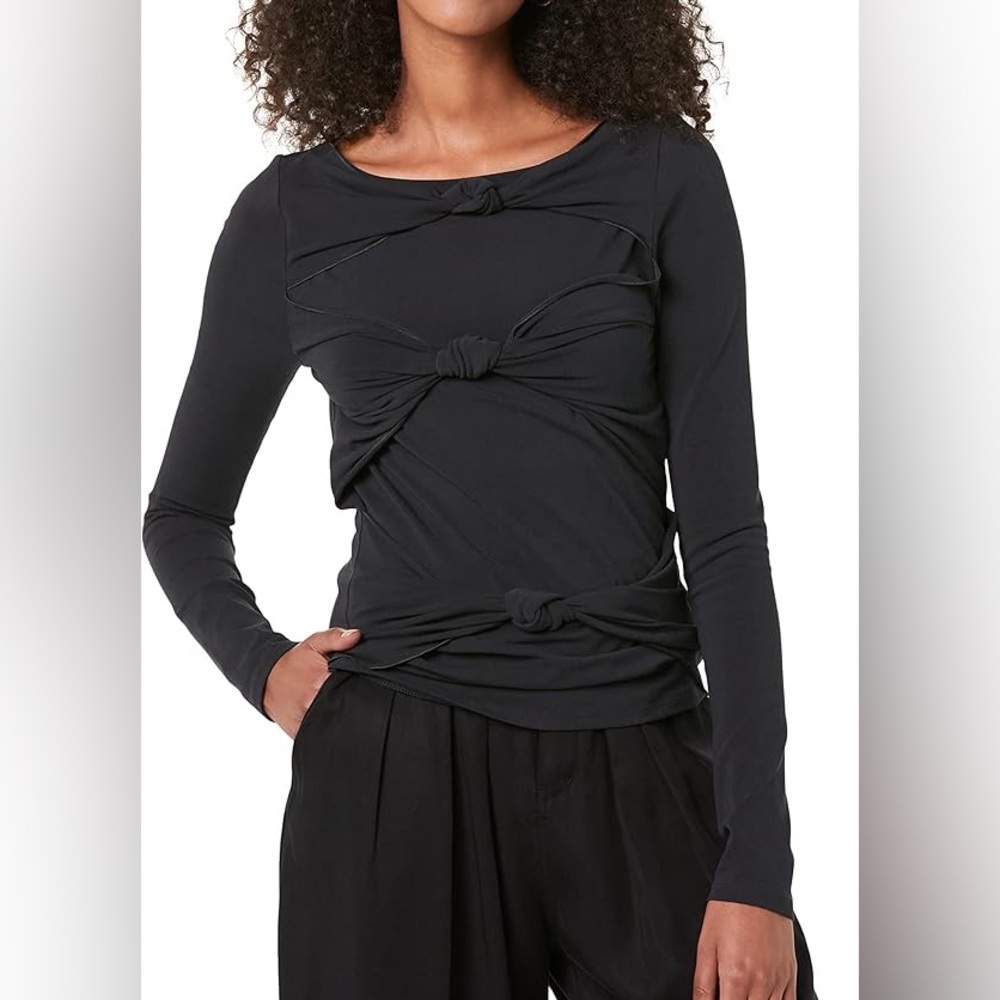 NWT Terea By Andrea‎ Pitter Size M Primrose Knotted Front Top Black Long Sleeves
